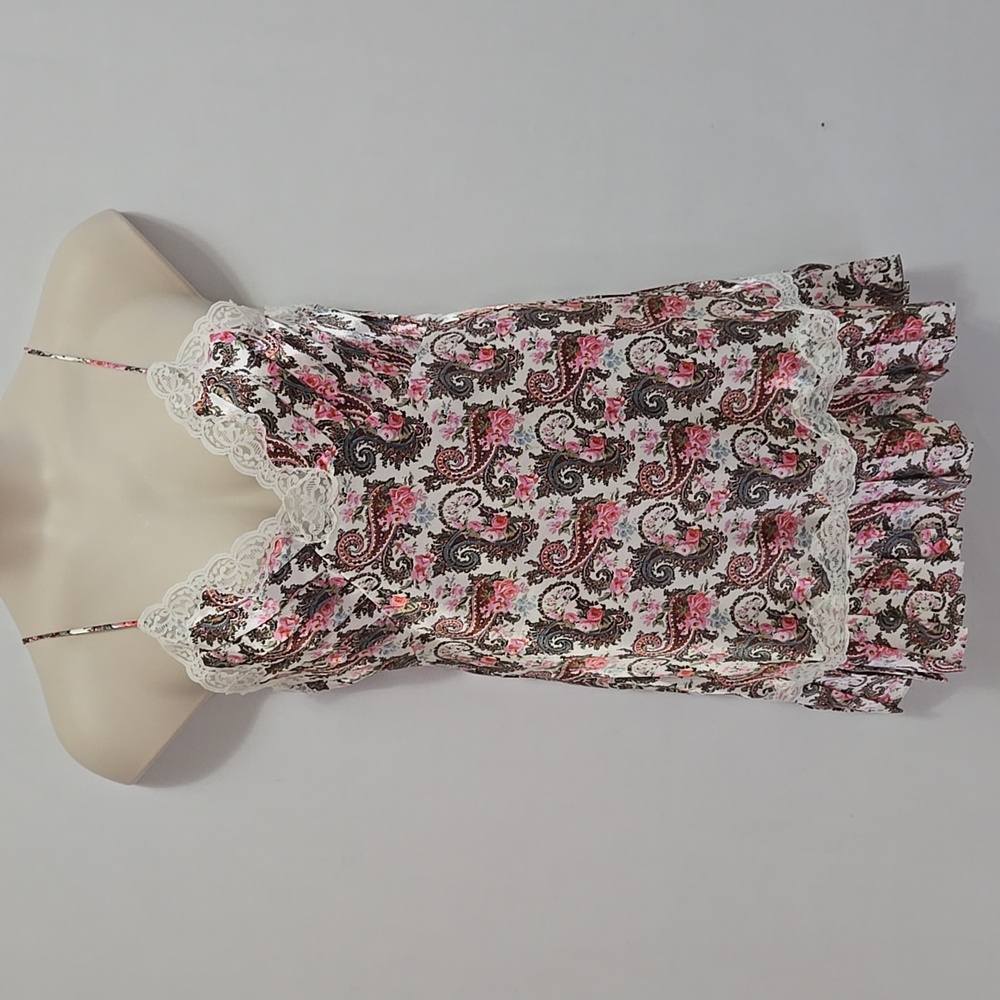 Vintage VS Floral Paisley Satin Lace Babydoll Slip Dress Nightie Size‎ M Pleated